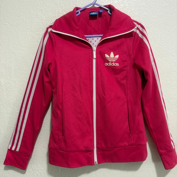 adidas Tops - Vintage Adidas Women's Track Jacket Pink White Logo Zip‎ Up Lips Lining Size S